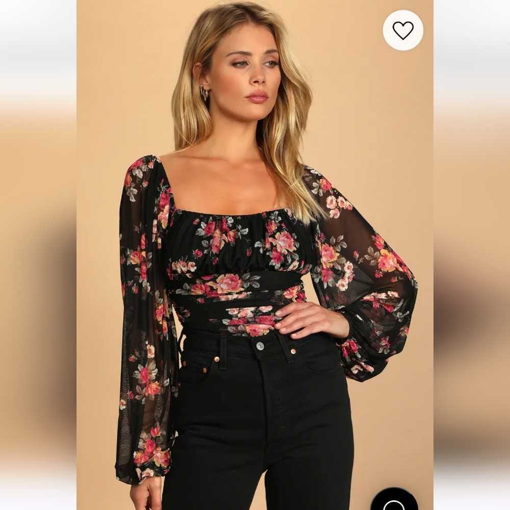 NWT Lulus Bloom into Autumn Black Floral Print Ruched Mesh Bodysuit, Size M